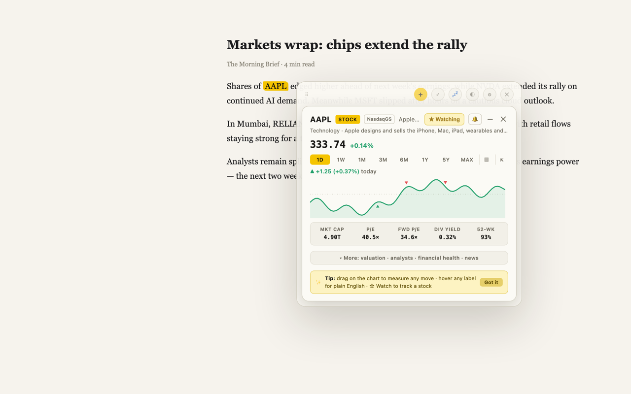 The TickerPop card open next to an article, decoding AAPL